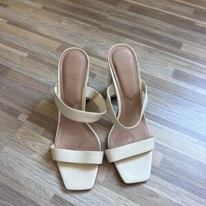 Aldo Cream Strappy Square-Toe Block Heel Sandals